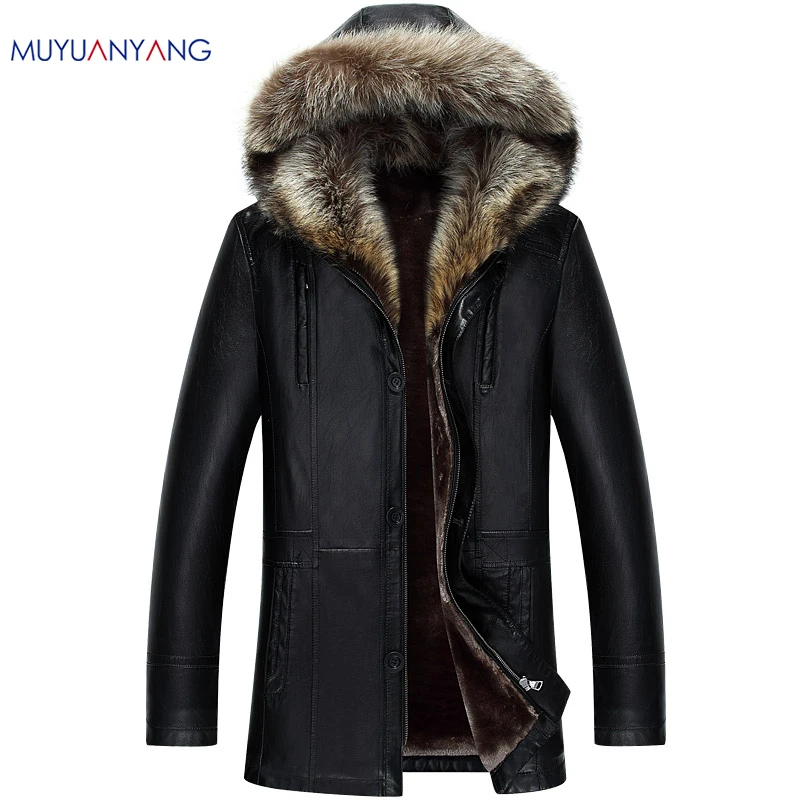 Мужская куртка из искусственной кожи Mu Yuan Yang зимняя с капюшоном большие размеры