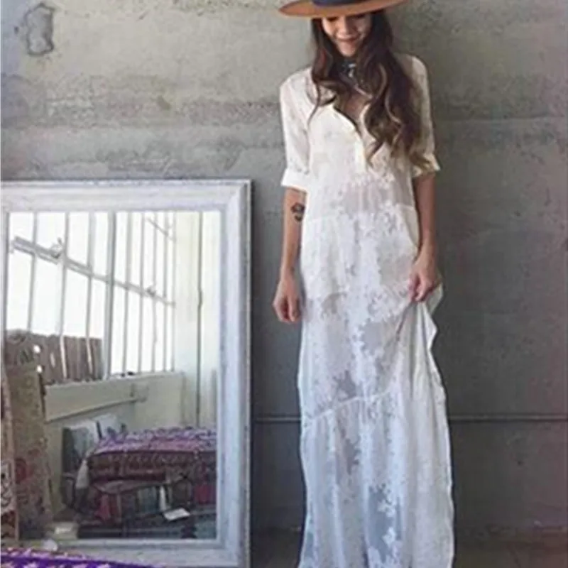 2016 Для женщин BOHO разрез сбоку Кружевное белое шифоновое платье макси новый сезон: