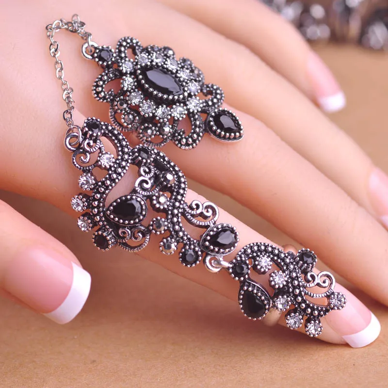 Blucome Adjustable Turkish Two Finger Rings for Women, Red Resin Hollow Out Flower Vintage Jewelry, Party Accessories image 3