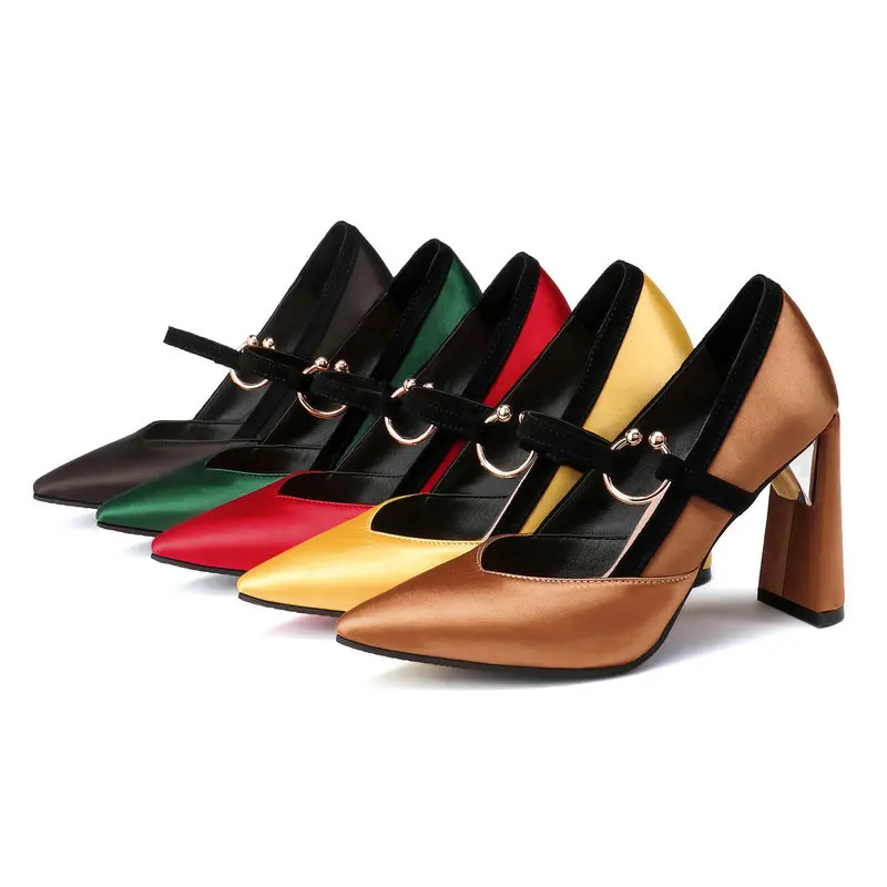 

Women Silk High Heels Fashion Mary Jane Shoes Comfort Pointed Toe Square Heel Pumps 2019 New Spring Autumn Shoes Women