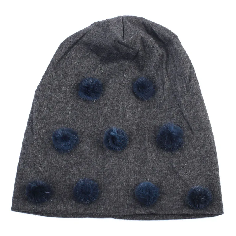 Navy Dk Ash Grey Geebro зимняя женская Шапка-бини с помпоном простые хлопковые мешковатые шапки-Боб с помпонами из меха норки Skullies& Beanies chapeau femme - Цвет: Navy Dk Ash Grey
