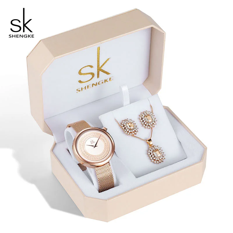 Shengke, креативные роскошные женские часы, розовое золото, коробка, часы для женщин, подарок, ожерелье, набор часов, нержавеющая сталь, наручные часы - Цвет: K0094 with watch set