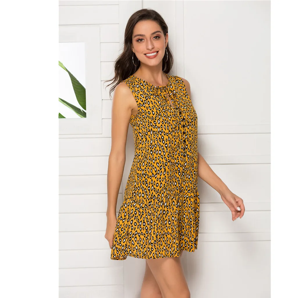 Летнее женское модное сексуальное платье без рукавов с леопардовым принтом