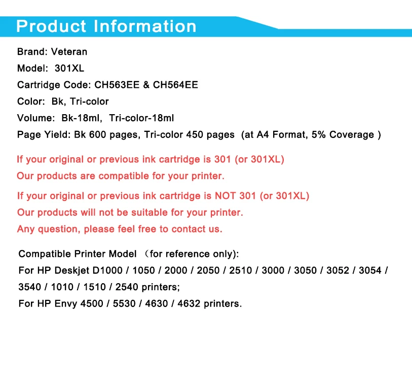 Veteran Замена для принтера HP 301 hp XL DeskJet 1000 1050 1510 2000 2050S 2510 2540 3050a 3054|Чернильные