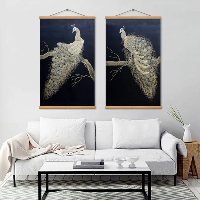 

SPLSPL Traditional Chinese Silk Paintings Golden Peacock Animals Wall Art Picture Posters and Prints Oil Painting Canvas Decors