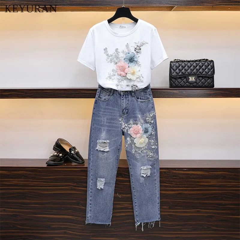 2019 весна лето 2 Джинсы pieces костюмы вышивка Цветочная футболка Топы + рваные