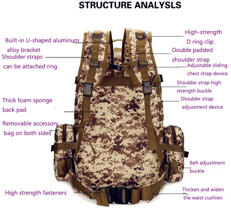 55L Men's Travel Backpack Oxford cloth outdoor backpack army camouflage tactical backpack mountaineering combination backpack