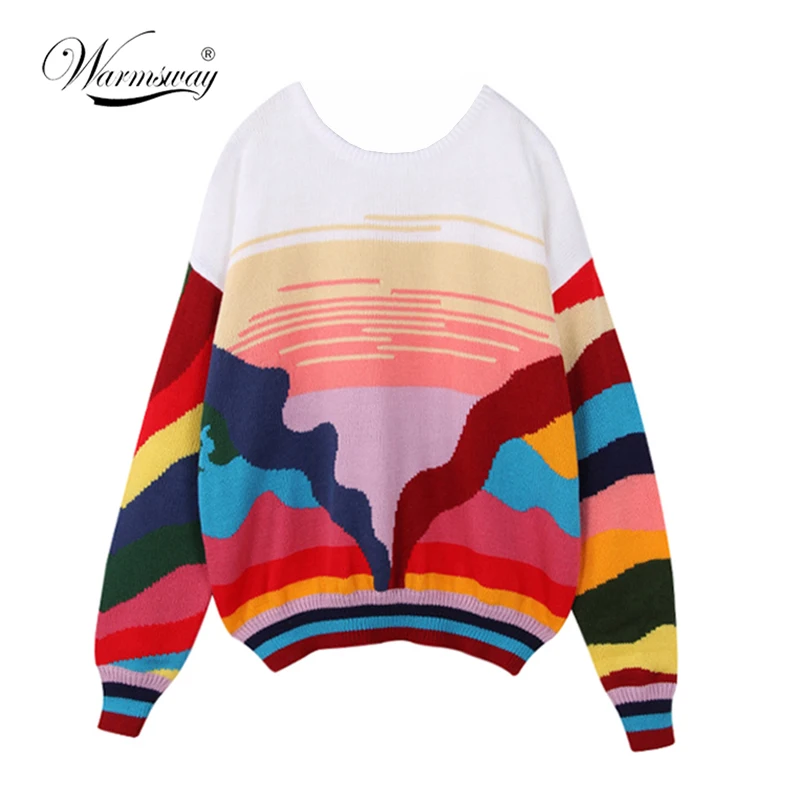 Women New vintage warm sweaters Rainbow Striped pullovers winter Spring knitted retro loose tops blusas C-078 | Женская одежда