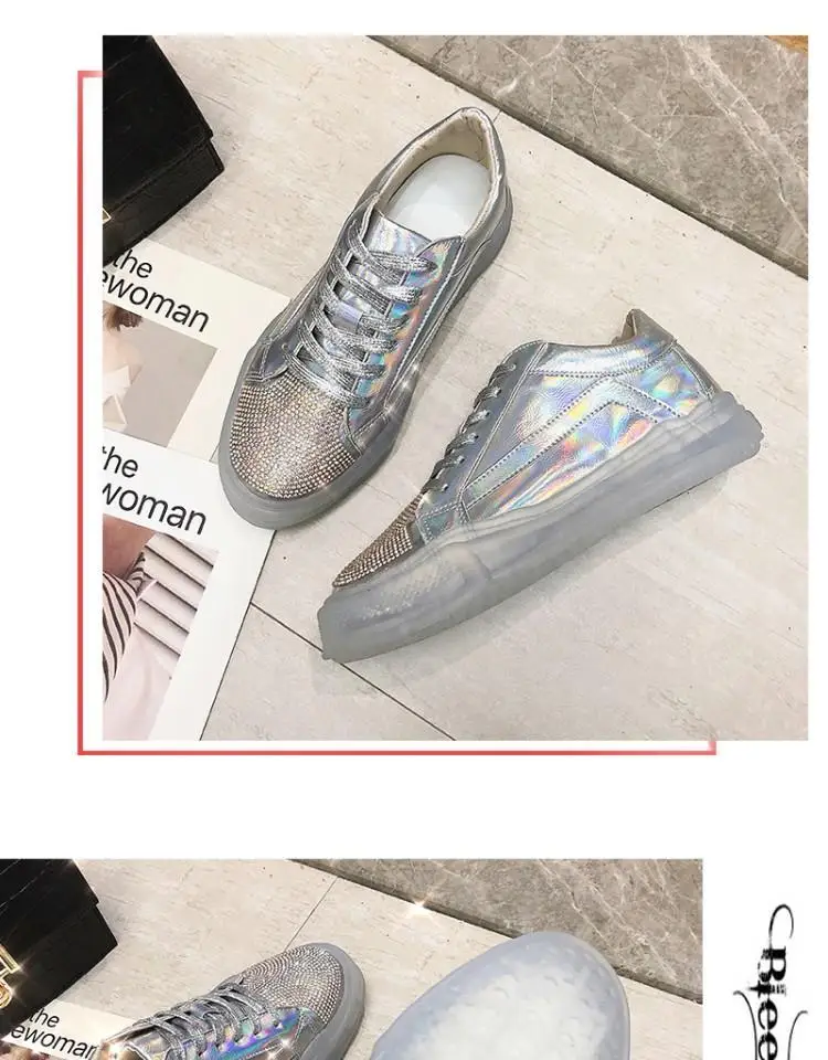Новинка 2019 женские кроссовки из серебристой кожи с круглым носком и кристаллами