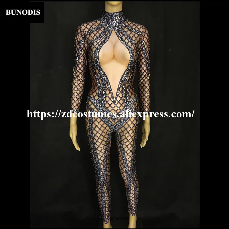 ZD141 Black Grid Sparkling Crystals Women Jumpsuit 3D Printed Nightclub Party Stage Wear Costume Singer Dancer Bling Clothing
