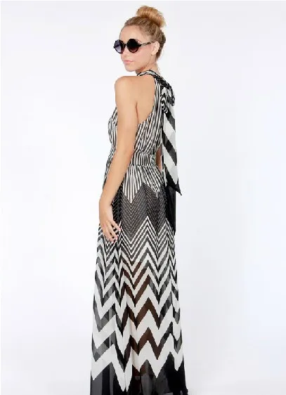 Hot sale XS- XXL 2014 Geometrical Wave Stripes Stitching Perspective Halter Maxi Long Chiffon Full Dress Free Shipping | Женская одежда