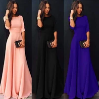 fashion womens elegan long sleeves pure color round neck floral long maxi dress long sleeve evening party summer beach sundress