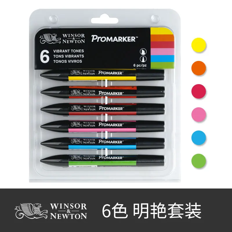 WINSOR&NEWTON Professional Marker Pen 6/12 Colors Double-side(round toe and oblique) Drawing Design Marker Pen Art Supplies - Цвет: 6 colors