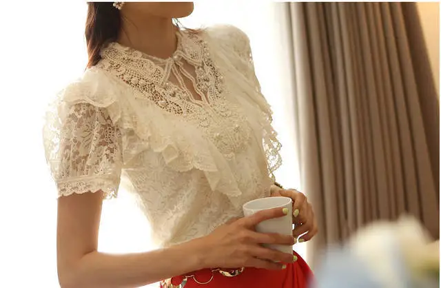 Wholesale New Fashion Hot Sale S/M/L/XL/XXL Elegant Summer Shirt Women White Ruffle And Beading Short Sleeve Lace Tops Blouses |
