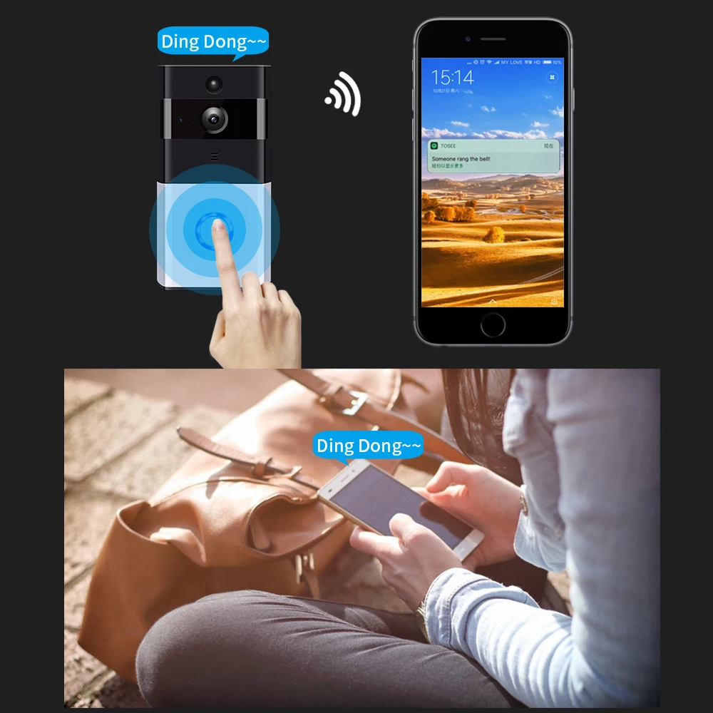 Holdoor Video Doorbell Smart bell 720P HD Wifi Security Camera Real-Time Two-Way Talk Night Vision PIR Motion Detection Wireless |