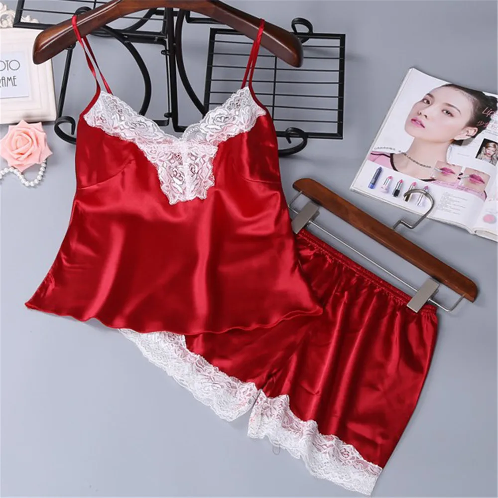 Пижама с кружевами сексуальное женское белье атласная Шелковая пижама летняя