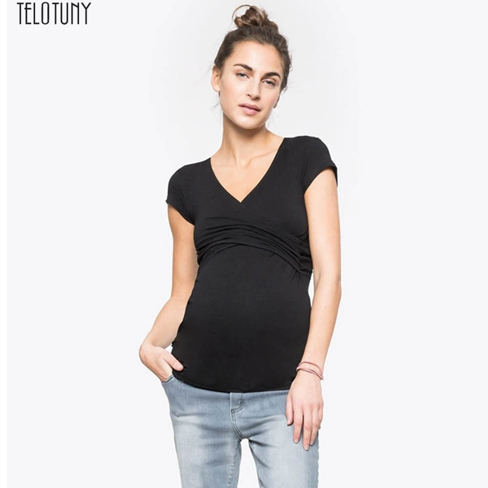 TELOTUNY Women Maternity Solid sexy v-neck short sleeve tops Pregnant Nursing soft Multifunctionl Blouse T-Shirt x0510
