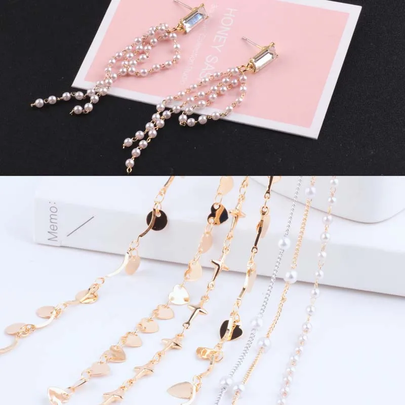

50cm DIY Variety gold color Fine heart Necklace Chains charm With beads chain For Girl Woman earring finding