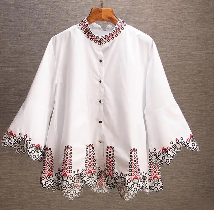 Women's spring autumn long Flare sleeve Casual Loose Shirt Femal Vintage National embroidery Shirt Blouse TB117