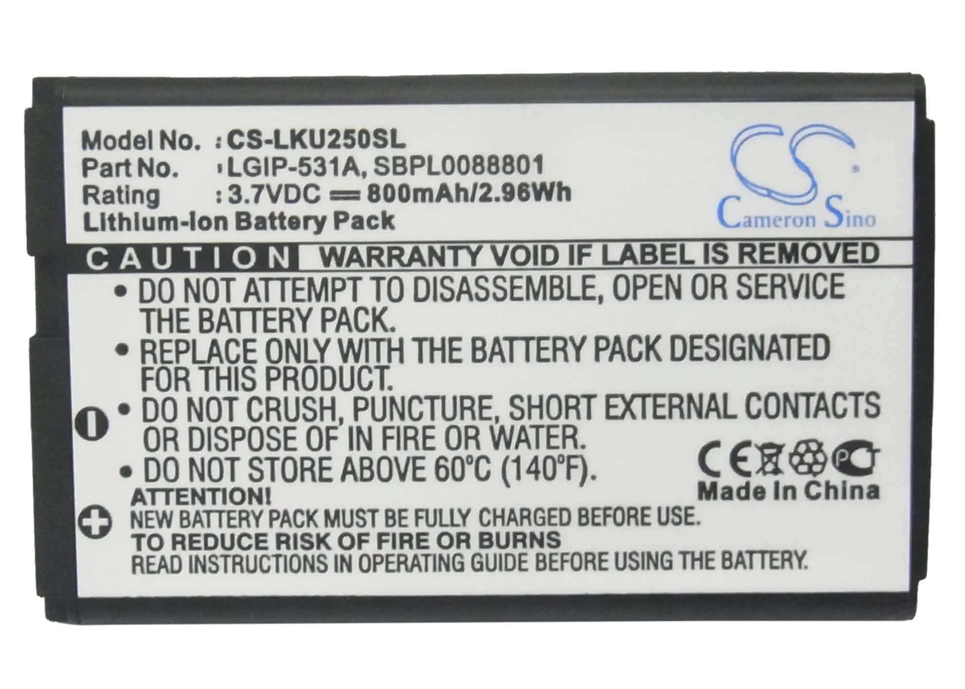 Аккумулятор Cameron Sino 800 мАч для LG KU250 KX186 KX190 KX191 KX197 KX216 KX218 KX300 T385 T500 T Mobile A170 A180|battery