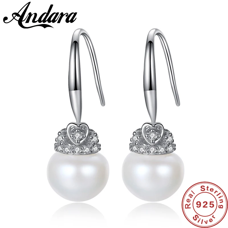 

Luxury Jewelry Women Earrings Real 925 Sterling Silver Crown Princess Heart & Pearls Earrings Wedding Party Oorbellen