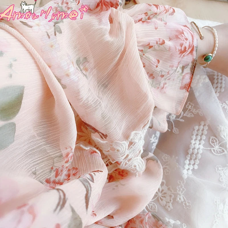 Летняя женская рубашка с оборками милая шифоновая блузка цветочным принтом и