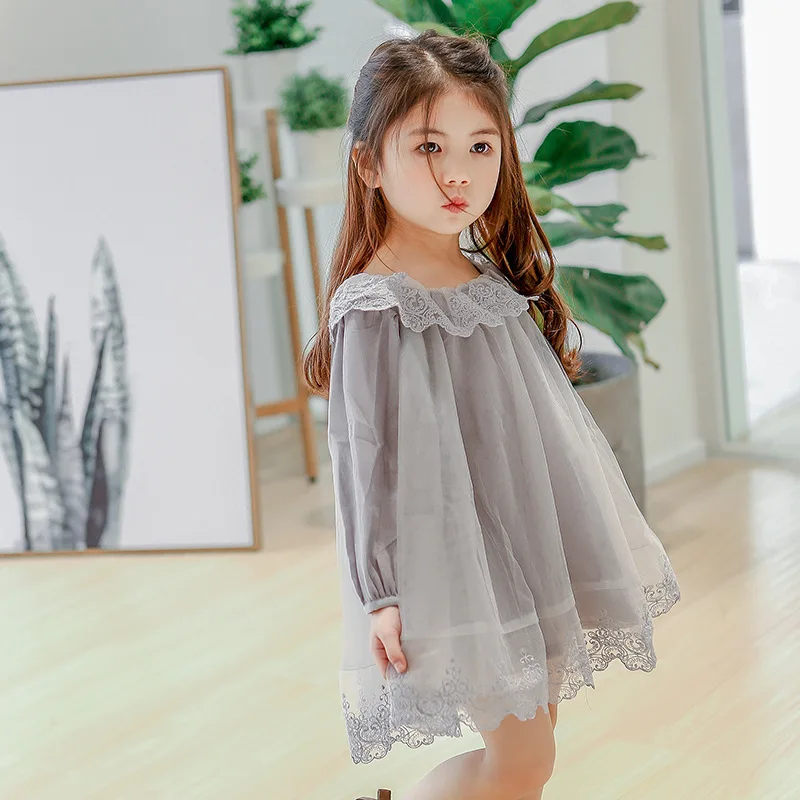 

Baby Girl Dress 2018 Spring Children Clothing New Lace Embroidered Lotus Leaf Turn-down Collar Girls Net Yarn Dresses GDR334