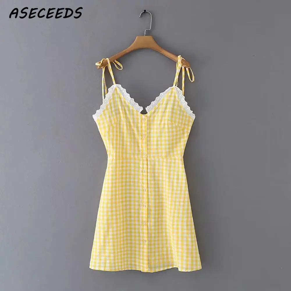 Женское винтажное платье в клетку boho желтое элегантное кружевное на пуговицах