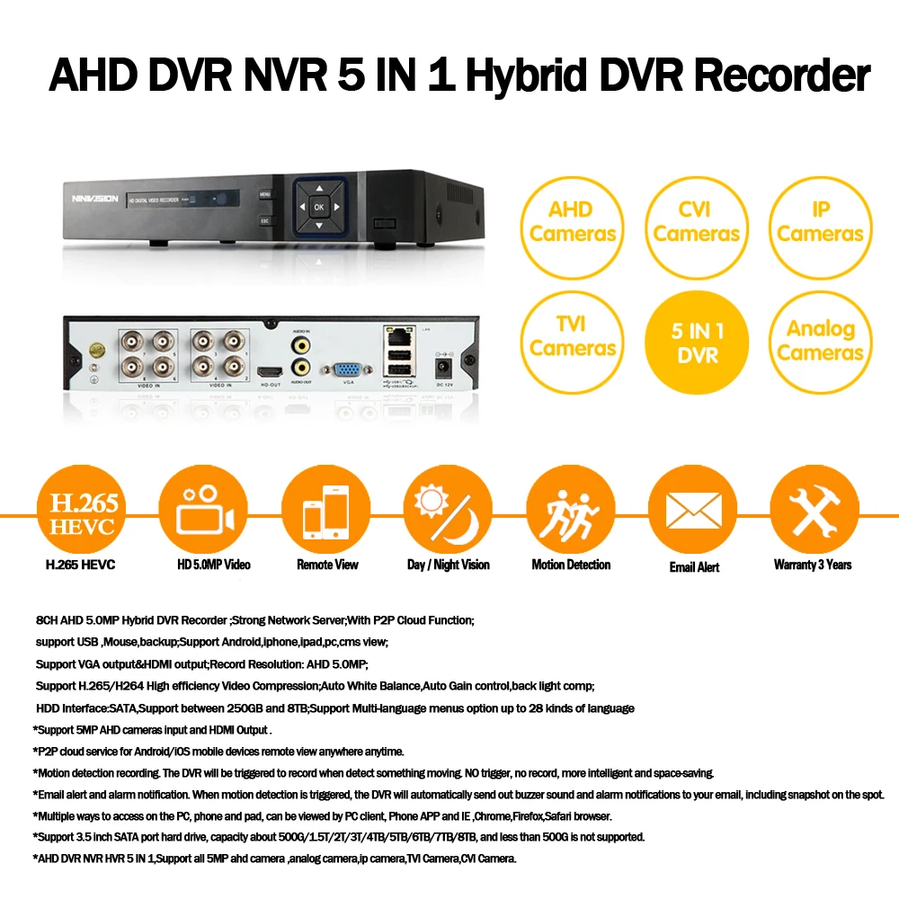 NINIVISION 8CH 5MP Ультра HD CCTV камера система 5 в 1 H. 265 + DVR и 8 шт. AHD домашняя белая