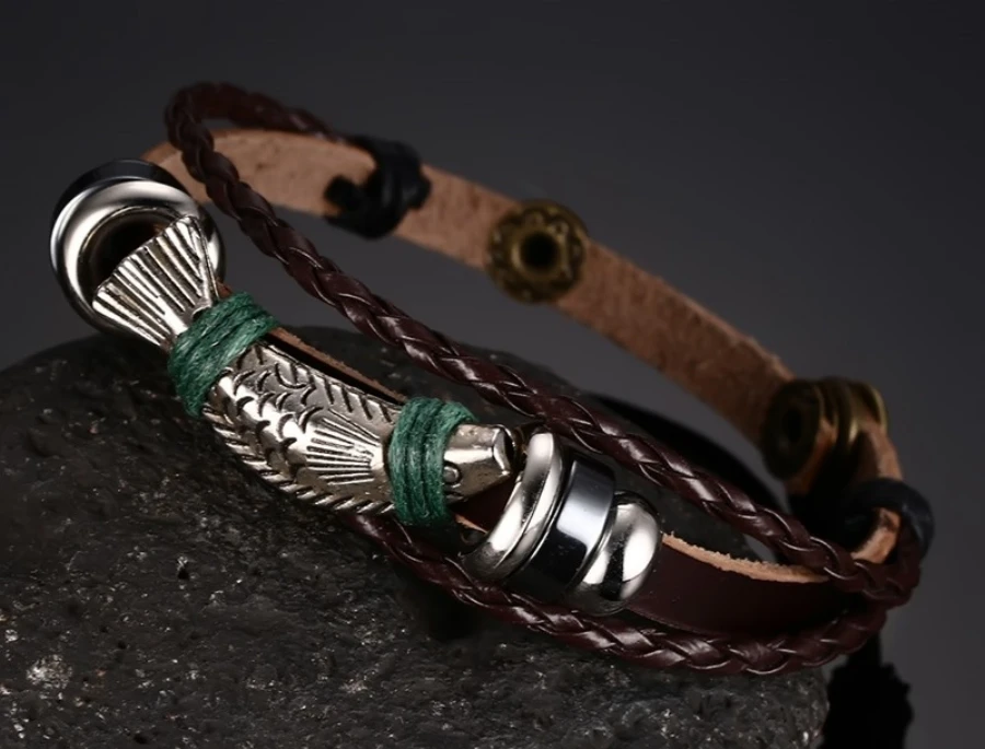 Sauvoo Punk Vintage Alloy Fish Charms Braided Leather Bracelets Multilayers Rope Wrap Wristband Bracelet Men Fashion Jewelry | Украшения и