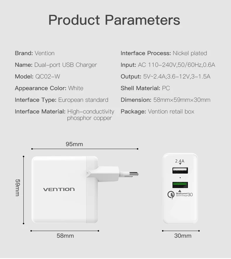 Быстрое зарядное устройство Vention 3,0, 2 порта, USB зарядное устройство, 3 А, штепсельная вилка европейского стандарта, белое зарядное устройство для мобильных телефонов XiaoMi, htc, Google, QC3.0, быстрое настенное зарядное устройство