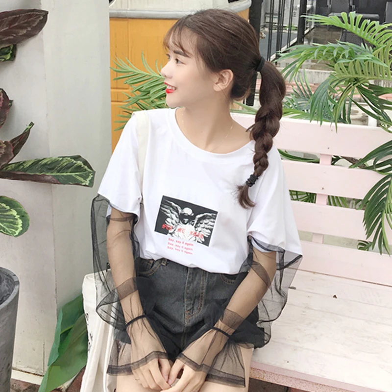 YouGeMan Весенняя летняя одежда корейская Ulzzang Harajuku печатная сетчатая Лоскутная футболка с расклешенными рукавами Женская Повседневная футболка с круглым вырезом