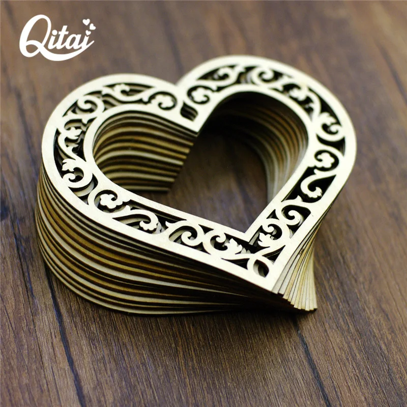 QITAI 12 шт. декоративная рамка из натурального лазерного дерева в форме сердца с