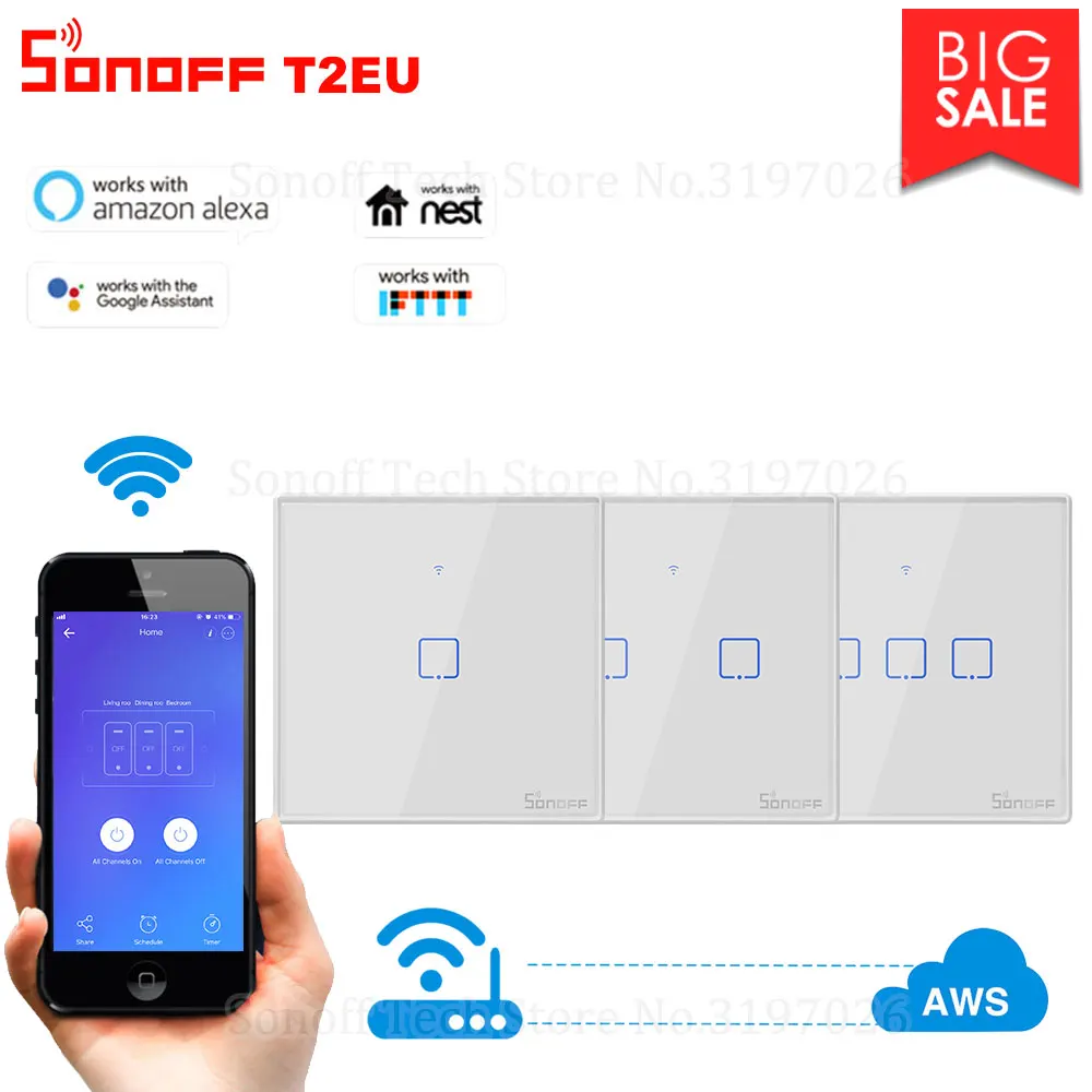 Itead Sonoff T2EU 86 Размеры 1/2/3 серии TX 433 МГц RF Дистанционное управление переключатель Wi-Fi с границы работает с Alexa Google Home