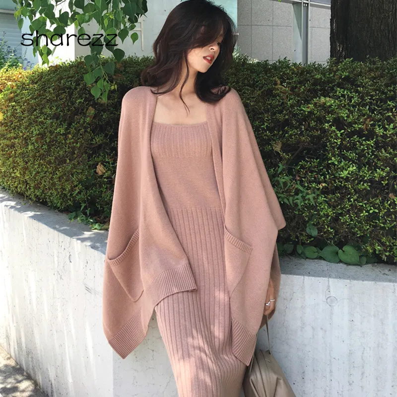 2019 Winter Knit Suit Set Bat Sleeve Women 2-pieces Dress Single Long Sleeved Cardigan+Bodycon Knitted |
