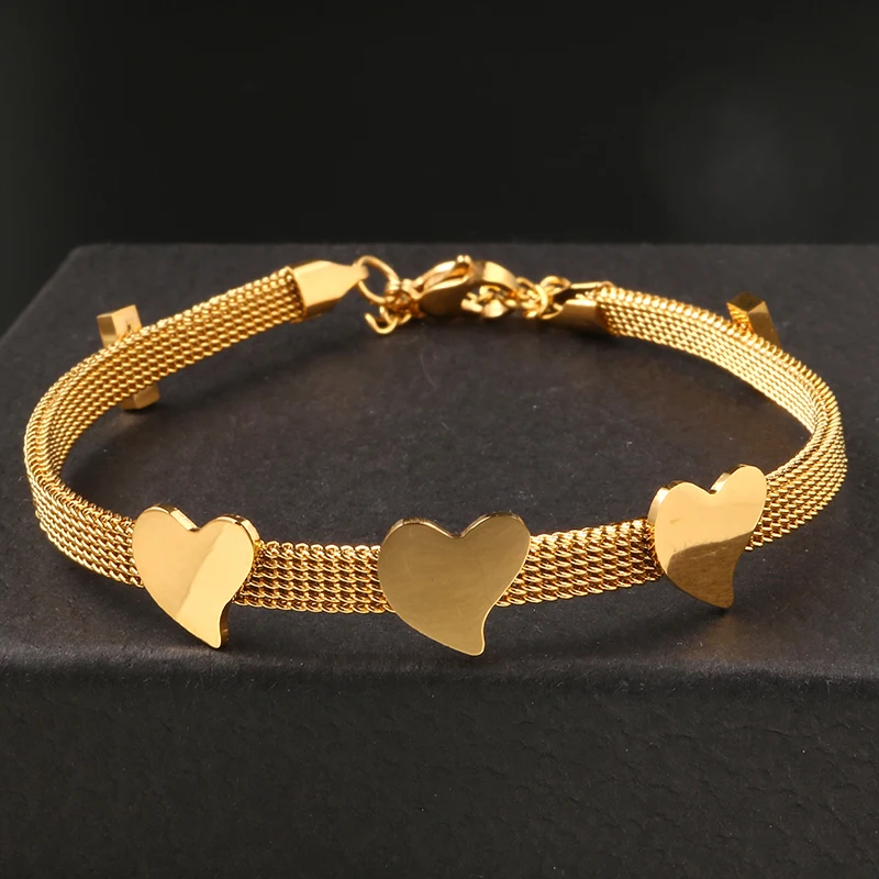 

JOVO High Quality Gold Color Heart Love Bracelets Adjustable Link & Chain Jewelry Stainless Steel Women Bracelets & Bangles