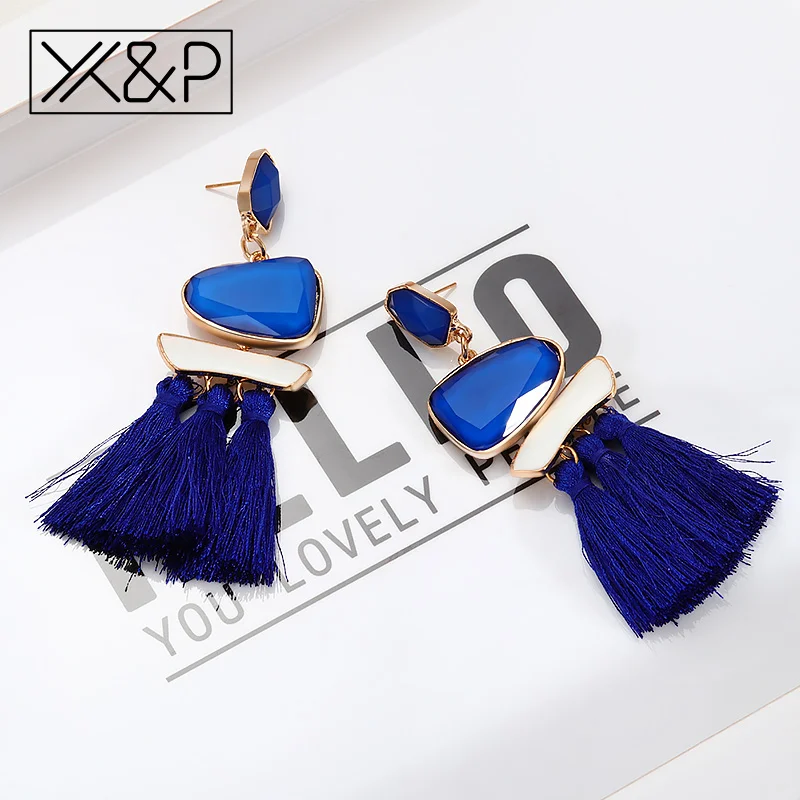 Женские богемные серьги подвески X & P Длинные винтажные хлопковые с кисточками в