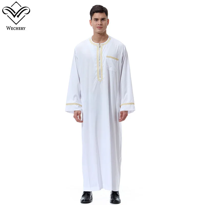 Wechery для мужчин s jubba ТОБ Мусульманский Исламский кафтан с длинным рукавом и карманами пуговицы дизайн халаты для Саудовской