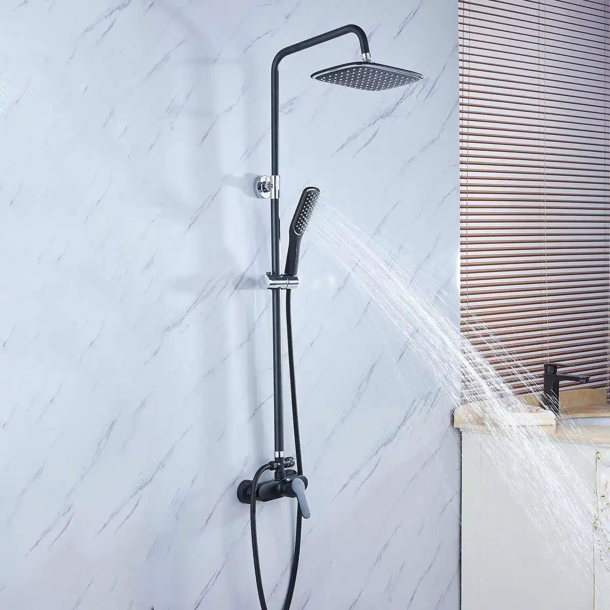 G1/2 Bathroom Black Wall Mounted Rainfall Shower Set Shower Spray Mixer Tap Faucet Mixer Valve Set Single Handle Hot and Cold
