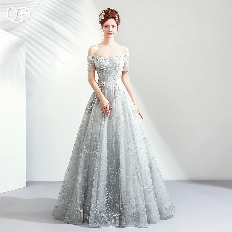 

Ball Gown Short Sleeve Tulle Lace Appliques Luxury Long Formal Elegant Evening Dresses Bride Banquet Party Prom Dress XK381