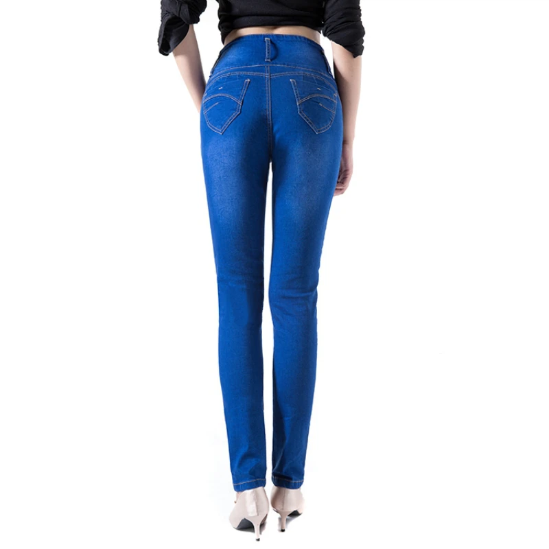 Autumn femme slim straight high waist cotton stretch plus size ladies blue skinny jeans |