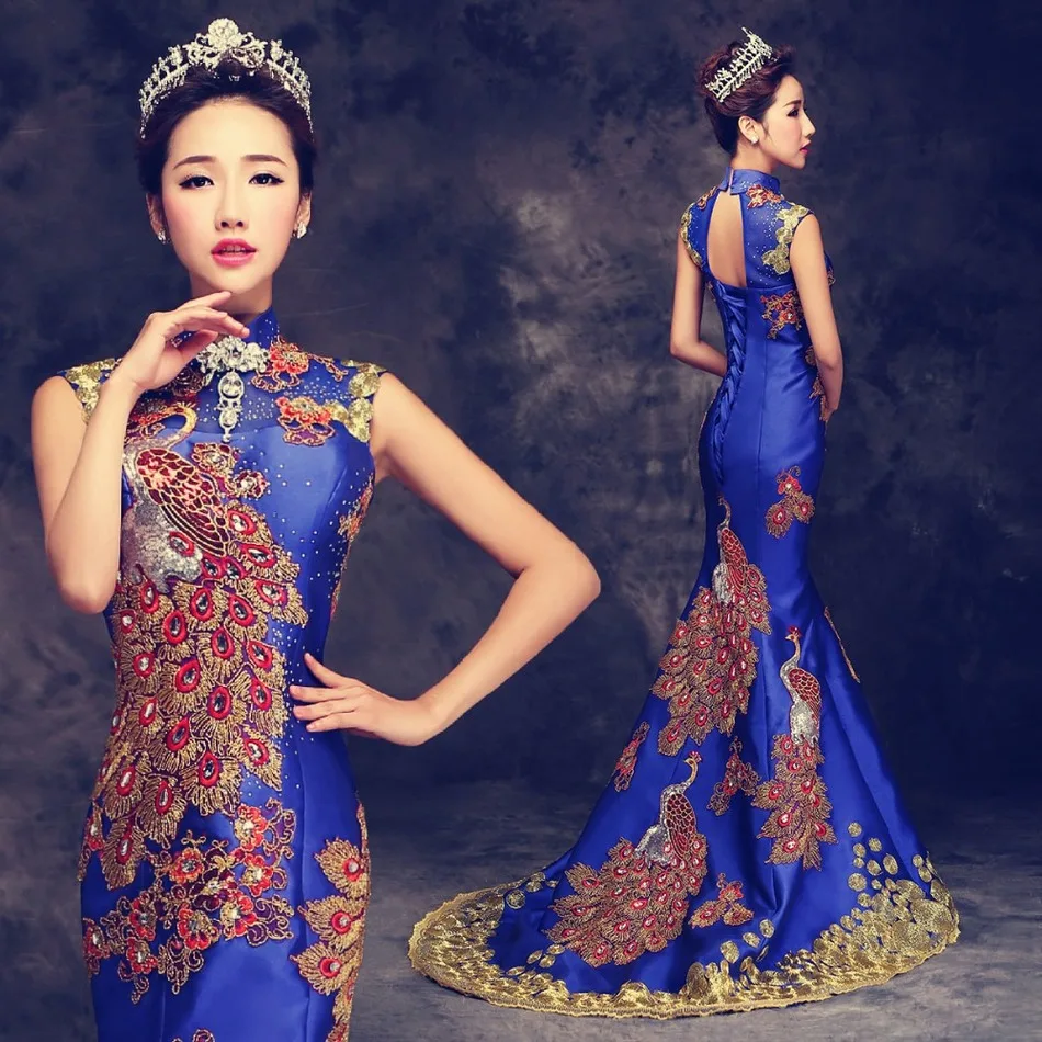 Роскошное красное вышитое китайское вечернее платье, длинное Cheongsam, свадебное Qipao, платье русалки, Восточное Qi Pao