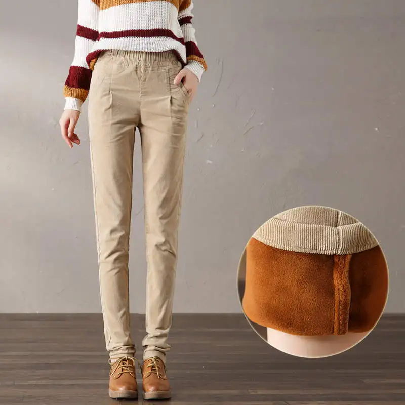 Вельветовые брюки женские бархатные зимние с эластичным поясом теплые длинные