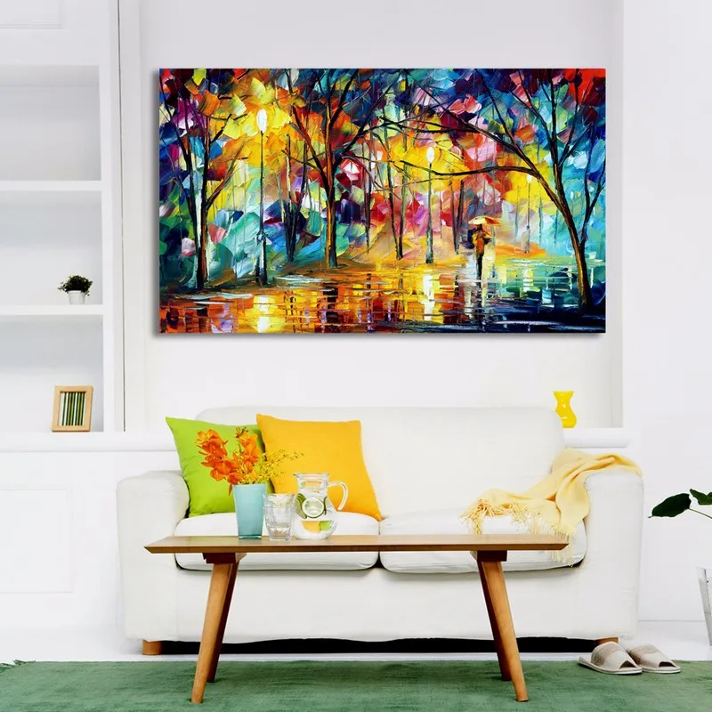 

Dropshipping large Handpainted Oil Painting Lover Rain Street landscape picture Palette Knife Oil Painting Wall Art Home Decor