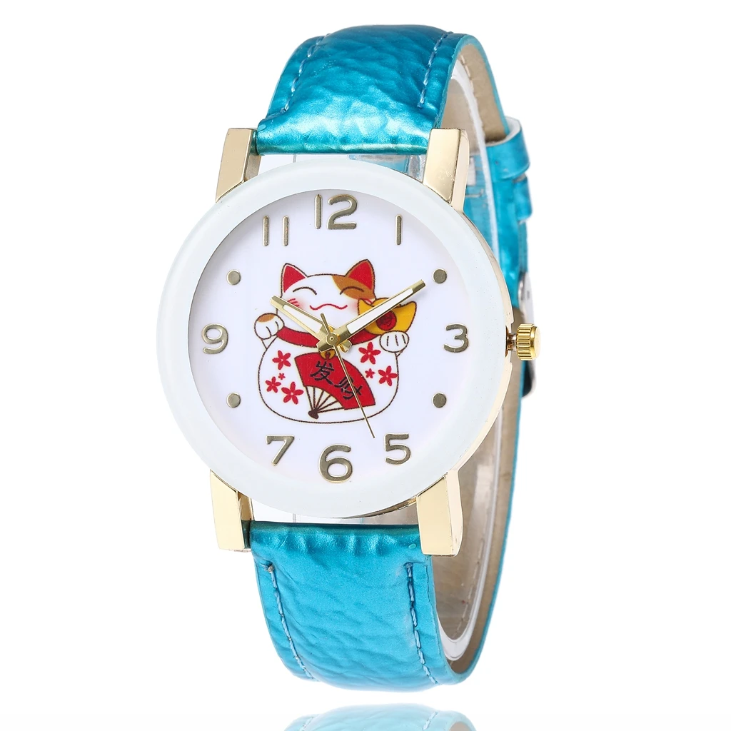 Небесно-голубой Chinese Style Women Watches Cute Cartoon Lucky Cat Pattern Leather Strap Wrist Watches for Women Quartz Watch Relojes Para Mujer - Цвет: Небесно-голубой