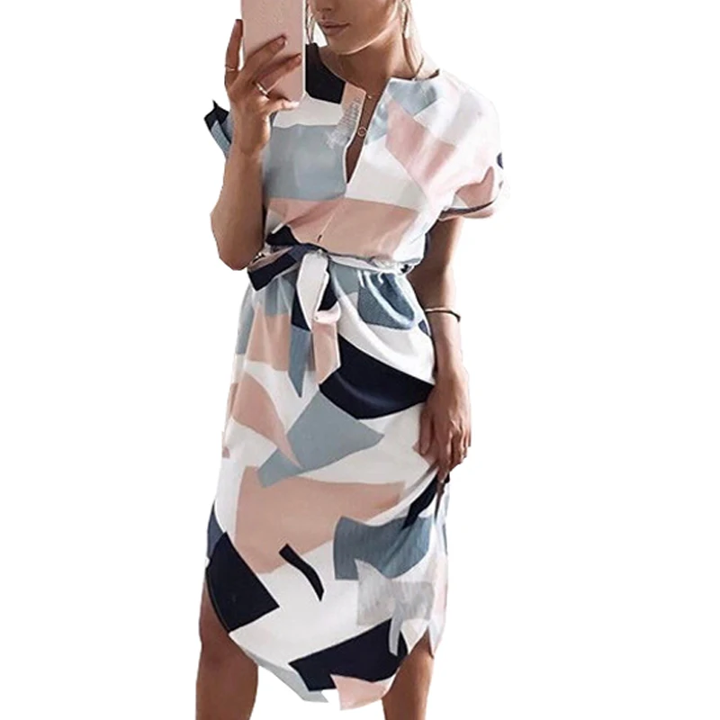 Женское платье с цветочным принтом повседневное винтажное треугольным вырезом и