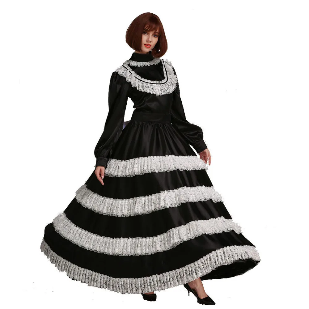 Женское длинное черное атласное платье с глубоким кружевом|Праздничные костюмы|