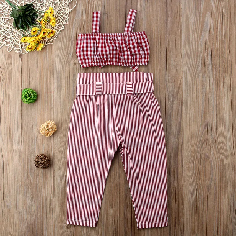 2018 Brand New Toddler Baby Girls Summer Fashion 2PCS Sleeveless Red Plaid Bow Vest Crops Tops Striped Pants Casual Outfit 2-7Y | Детская