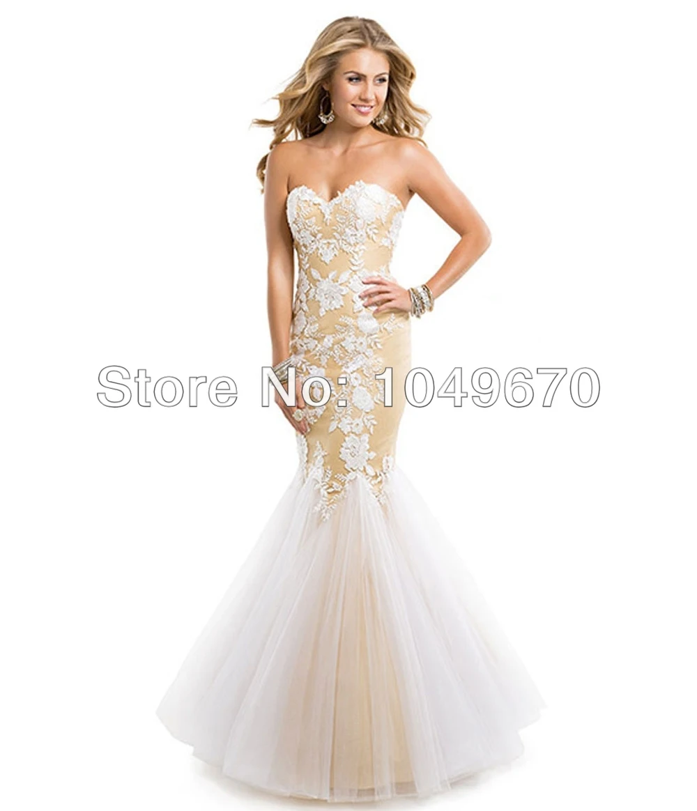 2014 Free Shipping Sweetheart Applique Mermaid Prom Dresses Tulle Floor Length vestidos de fiesta Gowns Party N448 | Свадьбы и