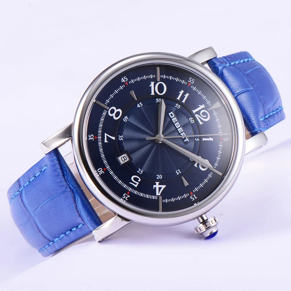Модные Классические мужские часы 43 мм с голубым ремешком черный чехол датой